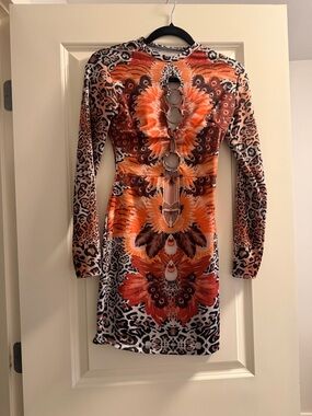 Orange & Brown Long-Sleeve Keyhole Bodycon Dress